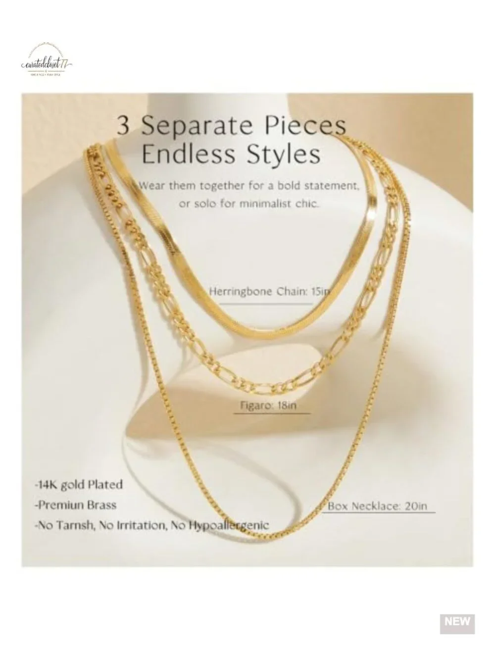3 Piece Layered Gold Plated Necklace Set Cuban Herringbone Figaro Chain Stack